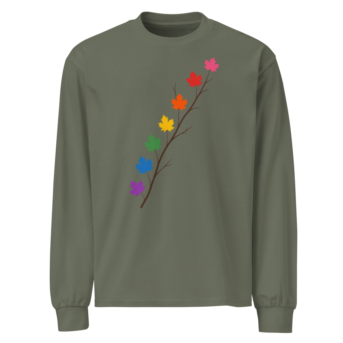 Flaunt It olive green heavyweight long sleeve shirt featuring a diagonal branch with seven rainbow-colored maple leaves