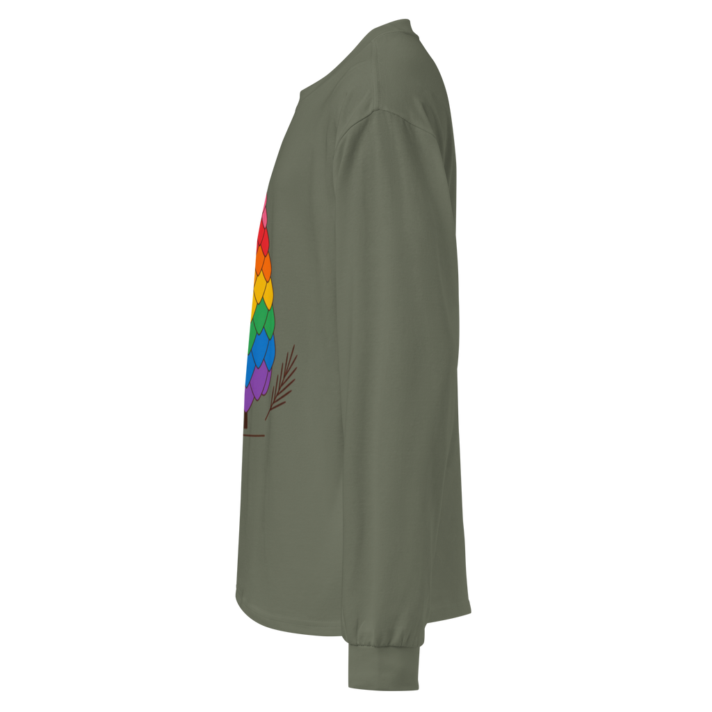 Flaunt It heavyweight long sleeve shirt in olive green with a colorful pride pinecone graphic on the side