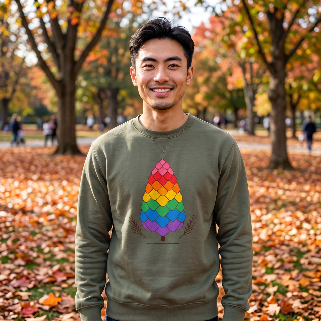 Flaunt It olive green heavyweight long sleeve shirt with a colorful rainbow pinecone graphic in an autumn park.