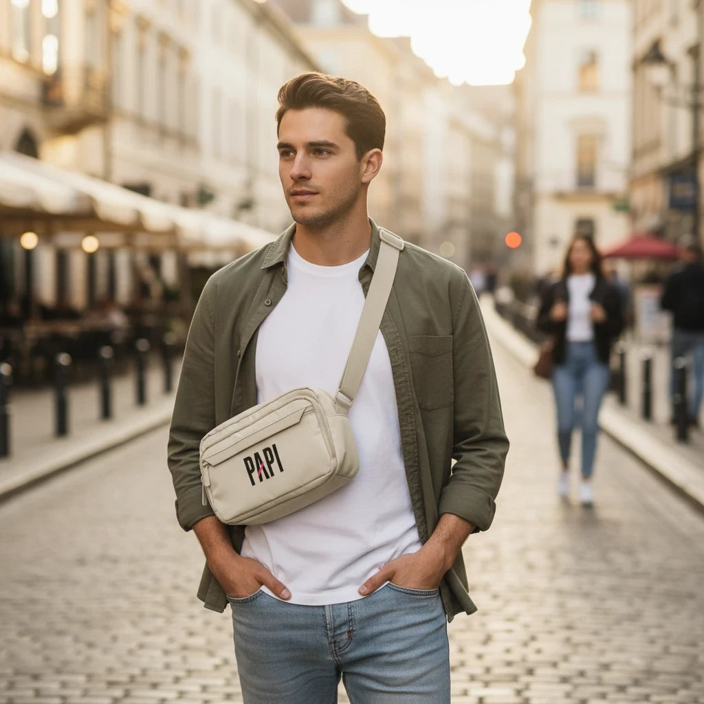 Flaunt It Papi premium urban crossbody bag in beige worn by a man on a city street with an adjustable strap