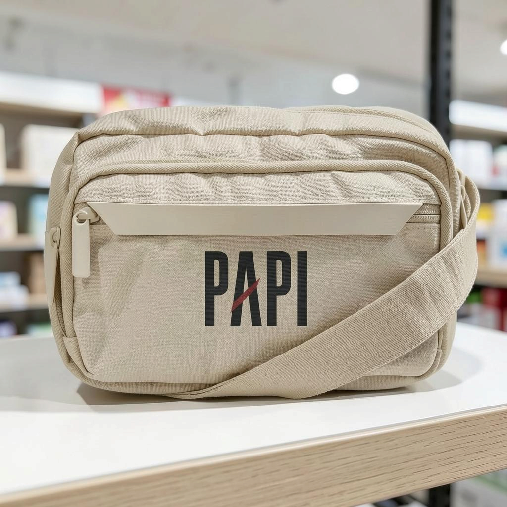 Flaunt It Papi premium beige urban crossbody bag with black text and a pink slash detail, featuring an adjustable strap