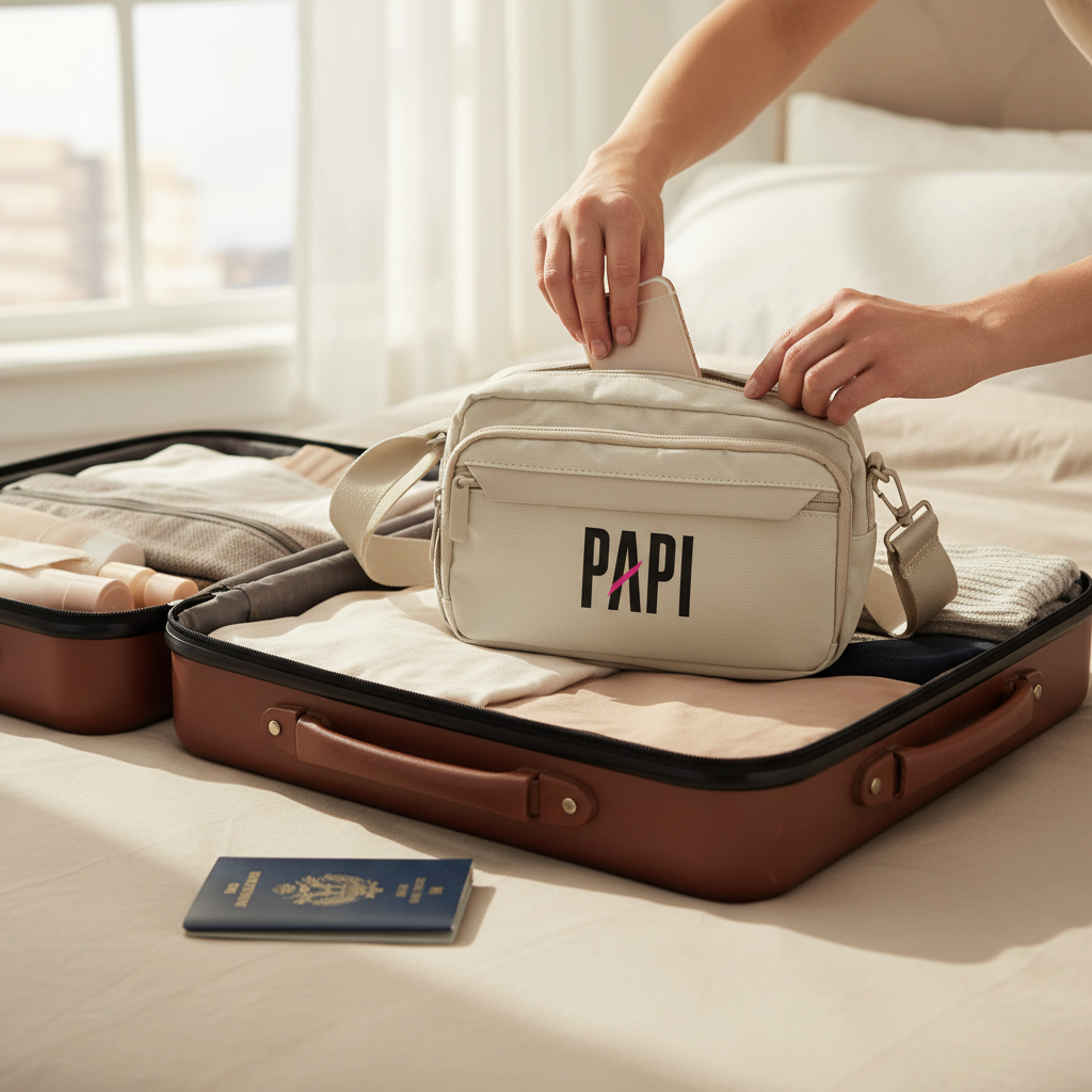 Flaunt It Papi premium urban crossbody bag in beige recycled polyester being packed into a travel suitcase.