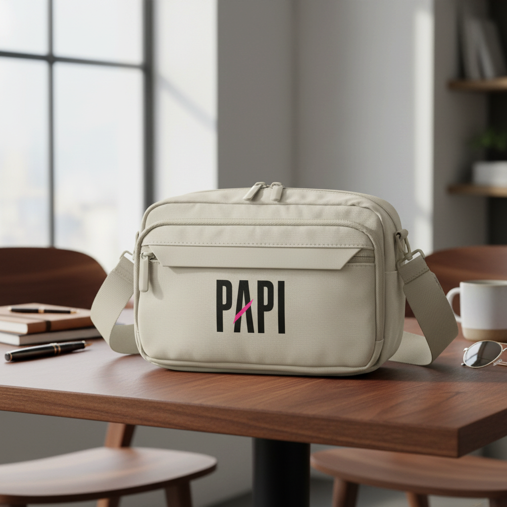 Flaunt It Papi premium urban crossbody bag in beige recycled polyester with a pink slash logo on a wooden table.