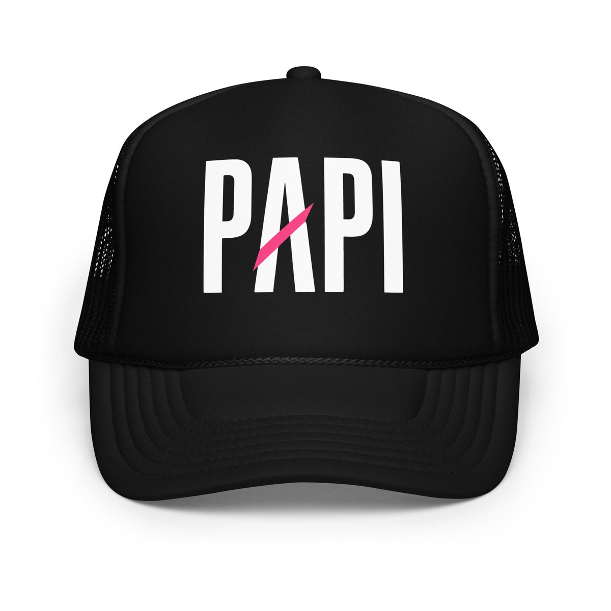 Flaunt It black foam trucker hat with white PAPI text and a pink slash detail on the structured front panel.