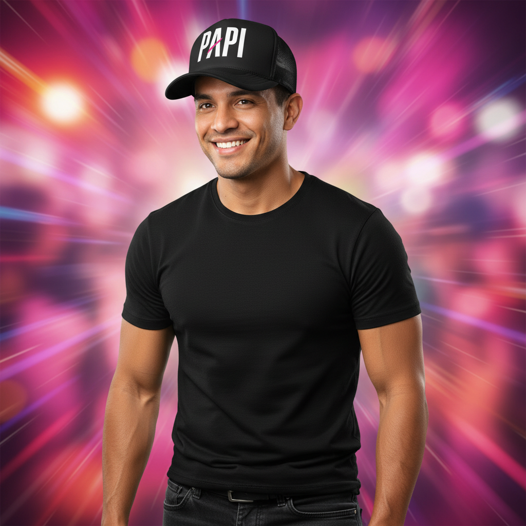 Flaunt It Papi premium black foam trucker hat with white text and pink slash on a smiling man in a black t-shirt