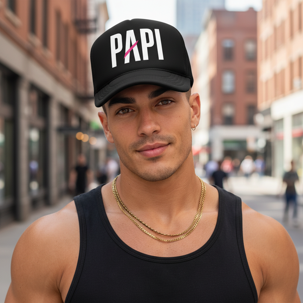 Flaunt It Papi premium black foam trucker hat with white text and pink slash detail worn by a man on a city street.