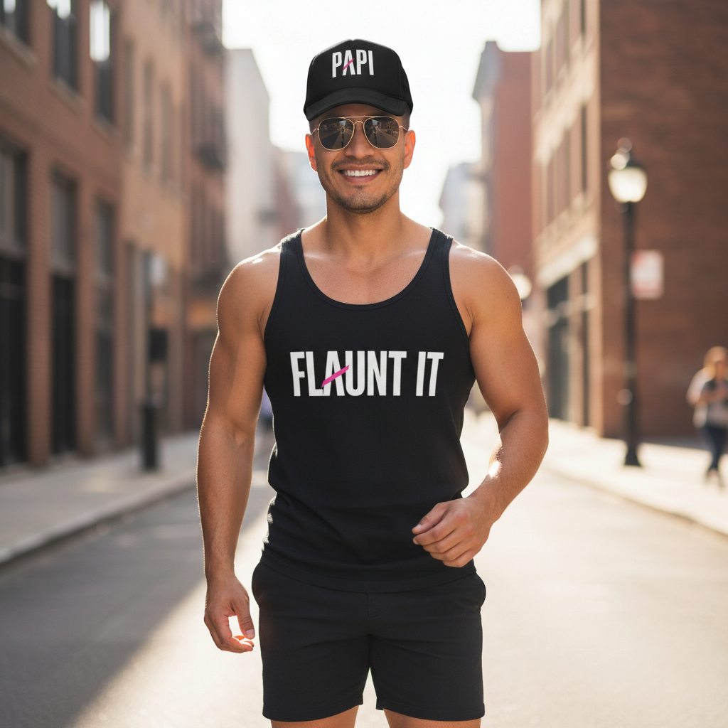 Flaunt It Papi premium black foam trucker hat with white text and pink slash worn by a smiling man in a city street