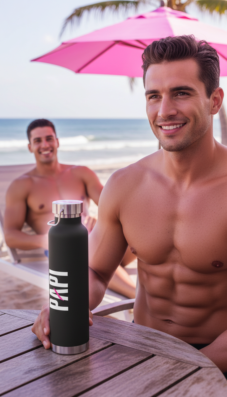 Flaunt It Papi 22oz black stainless steel vacuum insulated water bottle with pink accent on a beach table