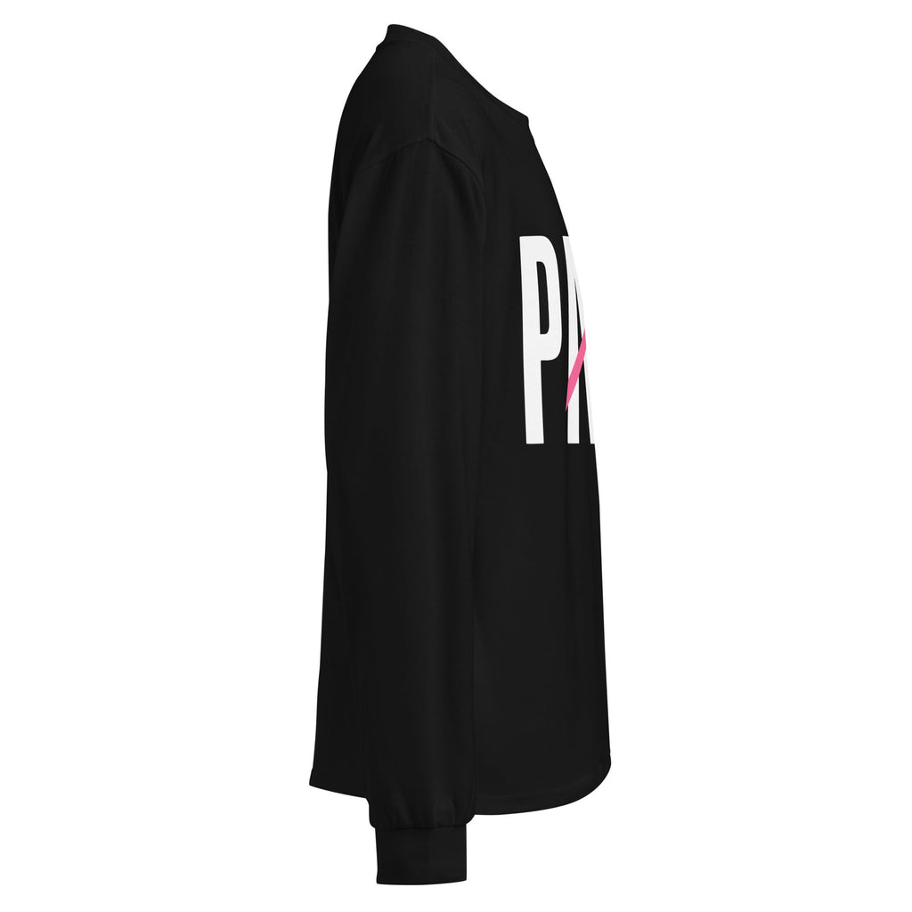 Flaunt It black heavyweight cotton long sleeve shirt with white PAPI text and a pink slash graphic, side view.