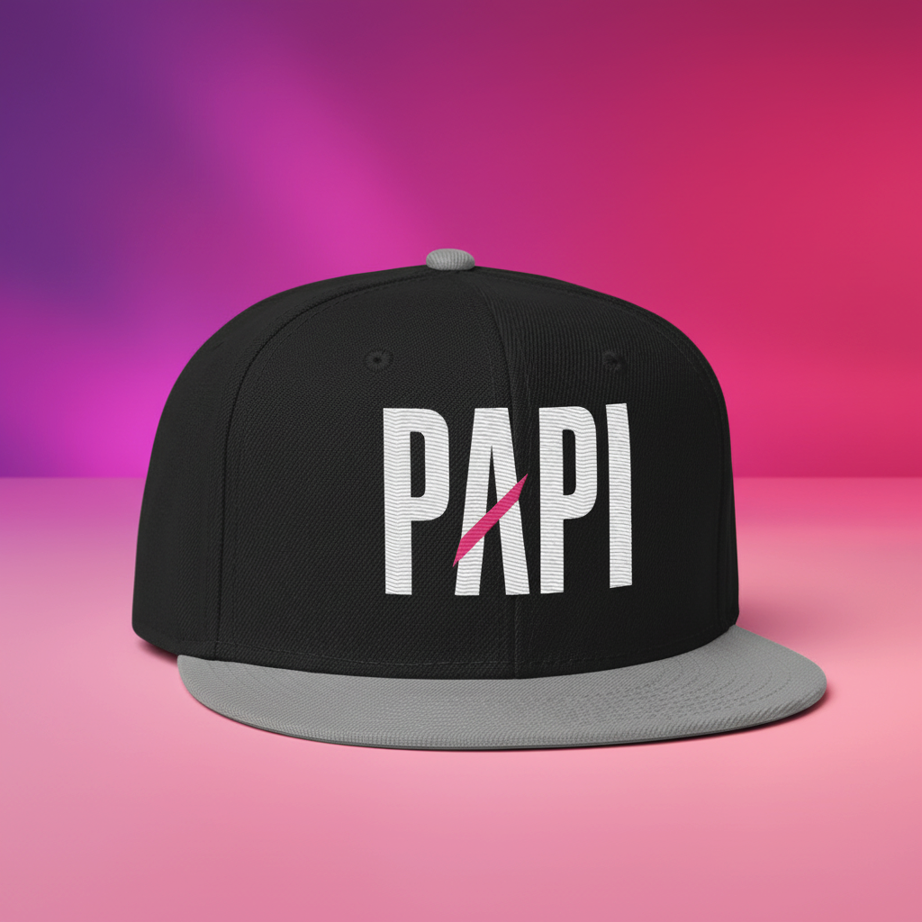 Flaunt It black and grey snapback hat with white PAPI embroidery and a signature pink slash on a vibrant background.
