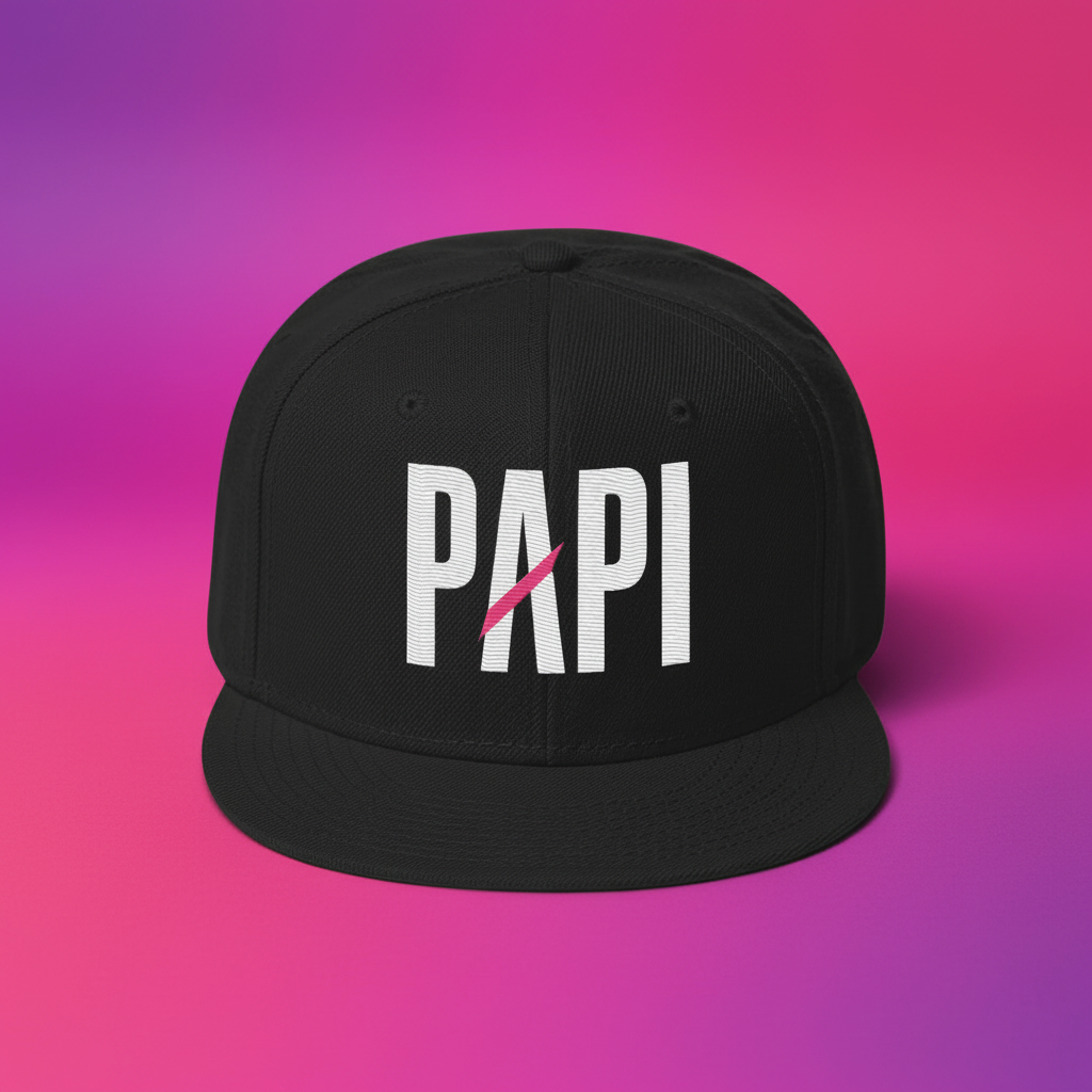 Flaunt It black snapback hat with white PAPI embroidery and a signature pink slash on a vibrant gradient background.
