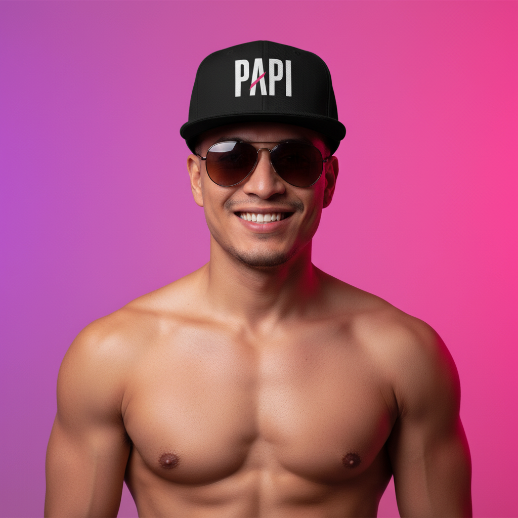 Flaunt It black snapback hat with white PAPI embroidery and pink slash detail worn by a smiling man in sunglasses