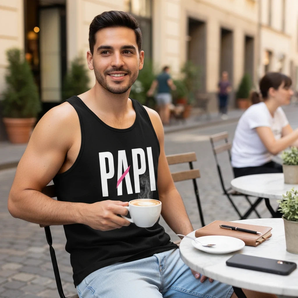 Flaunt It Papi premium black unisex tank top with white text and a pink slash, worn by a man at an outdoor cafe.