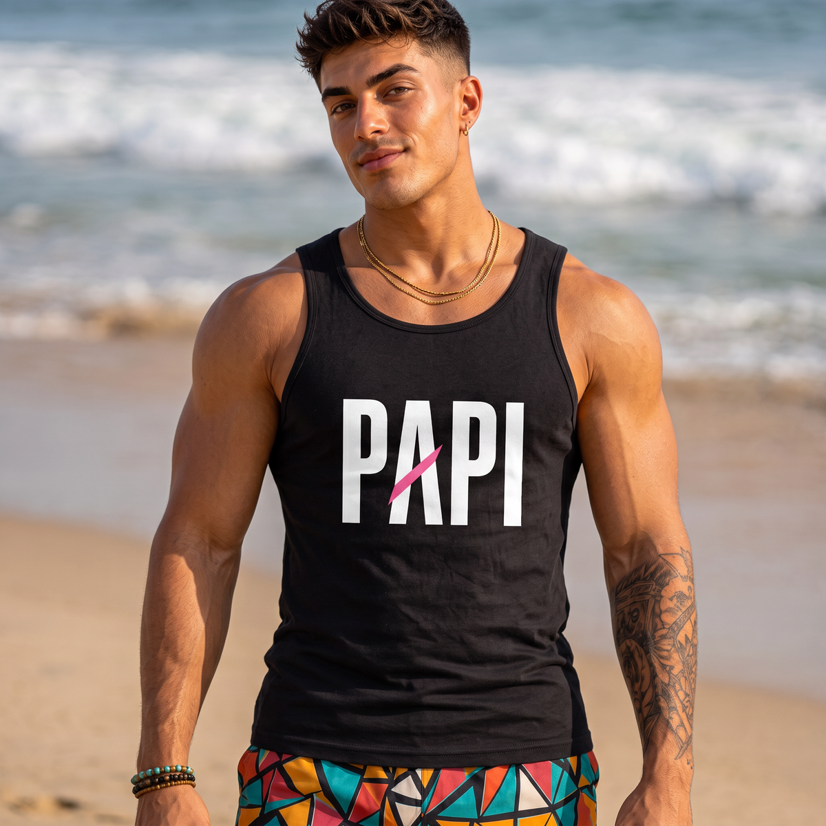 Flaunt It black unisex tank top with white PAPI text and a pink slash graphic worn by a man on a sunny beach.