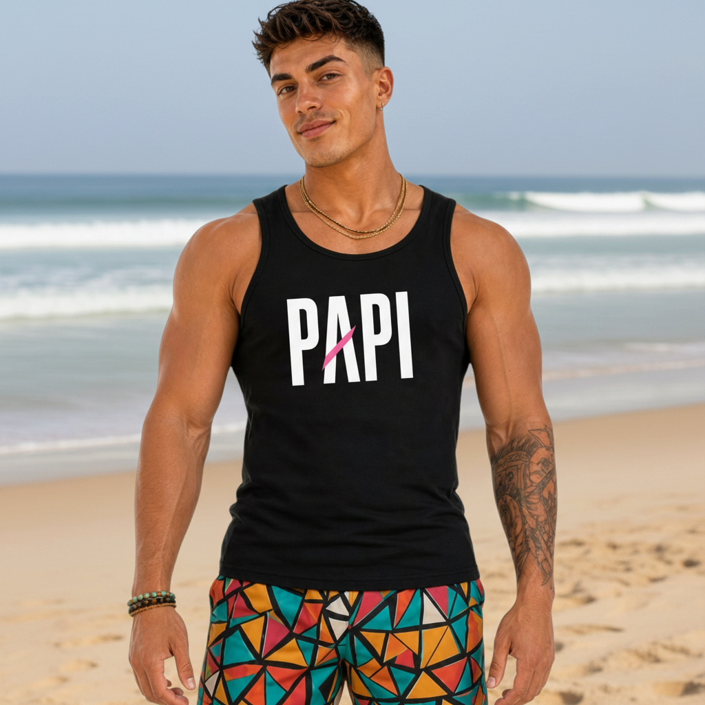 Flaunt It Papi premium black unisex tank top with pink slash detail worn by a muscular man on a sunny beach