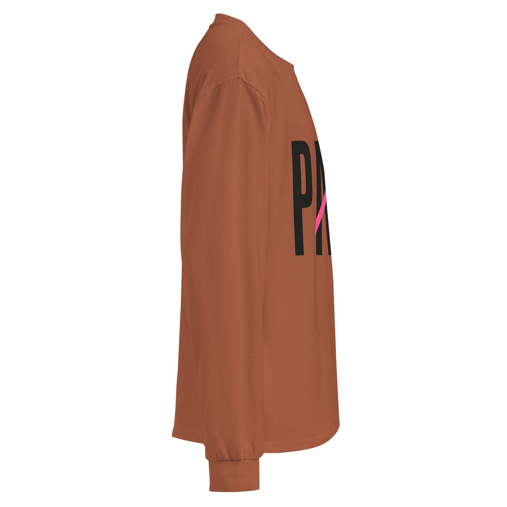 Flaunt It Papi heavyweight long sleeve shirt in brown with black and pink graphic text, side view