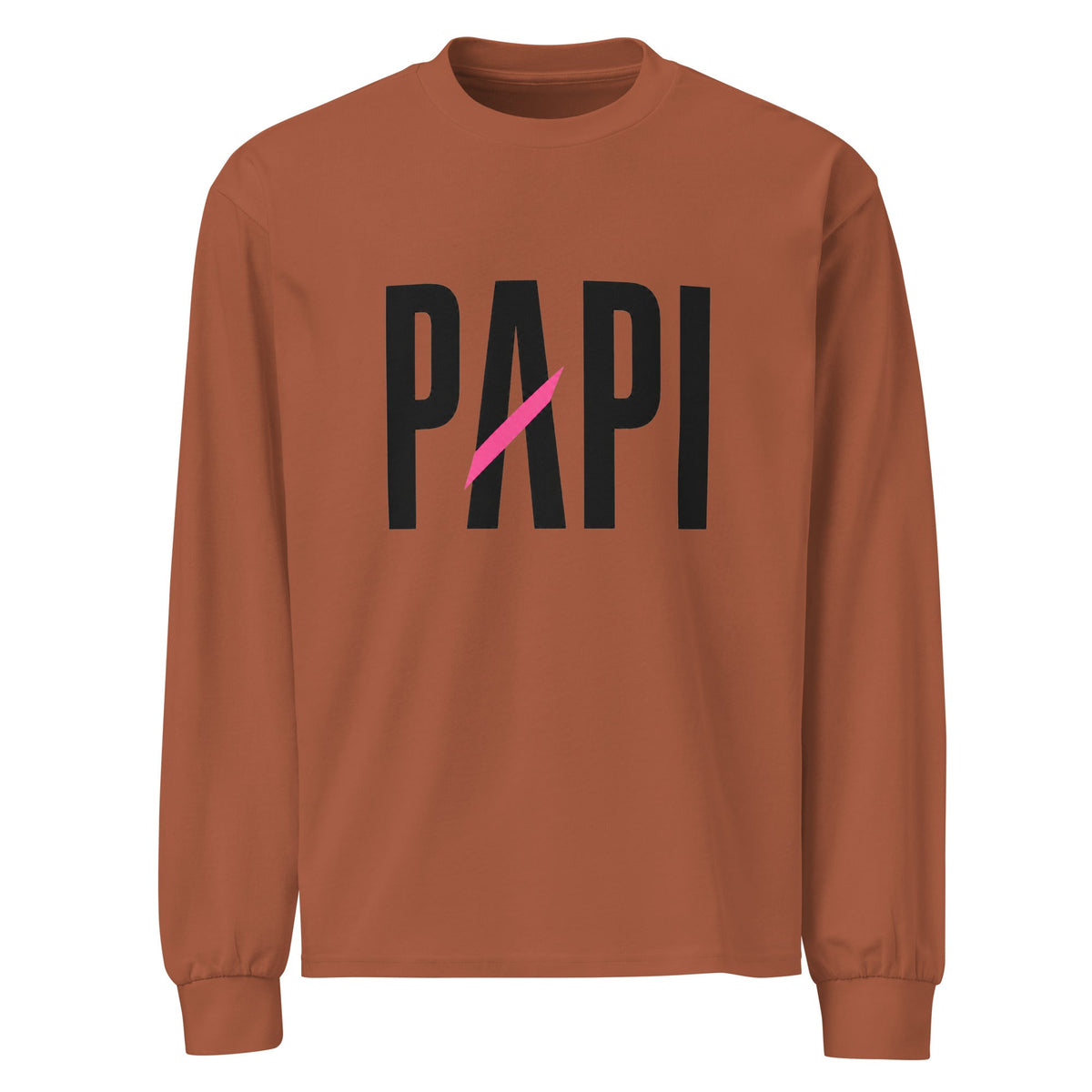 Flaunt It heavyweight cotton long sleeve shirt in brown with black PAPI graphic and signature pink slash detail.