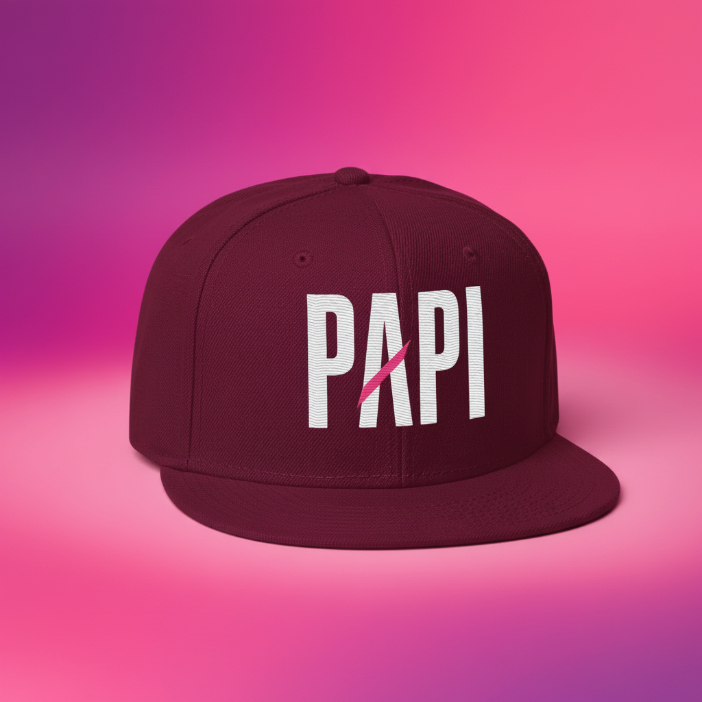 Flaunt It burgundy snapback hat with white PAPI embroidery and a signature pink slash on a vibrant gradient background