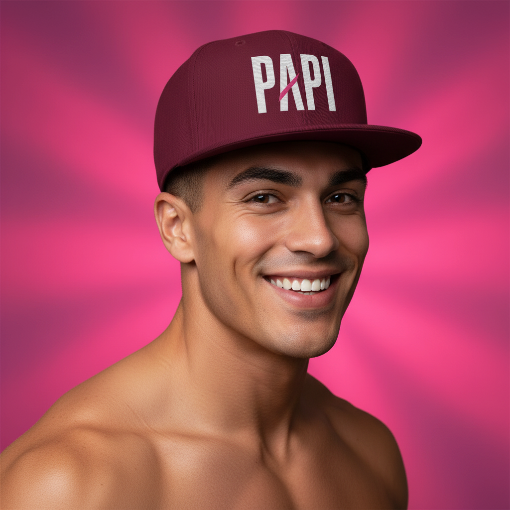 Flaunt It Papi unisex snapback hat in burgundy with white embroidery and a pink slash detail on a smiling man