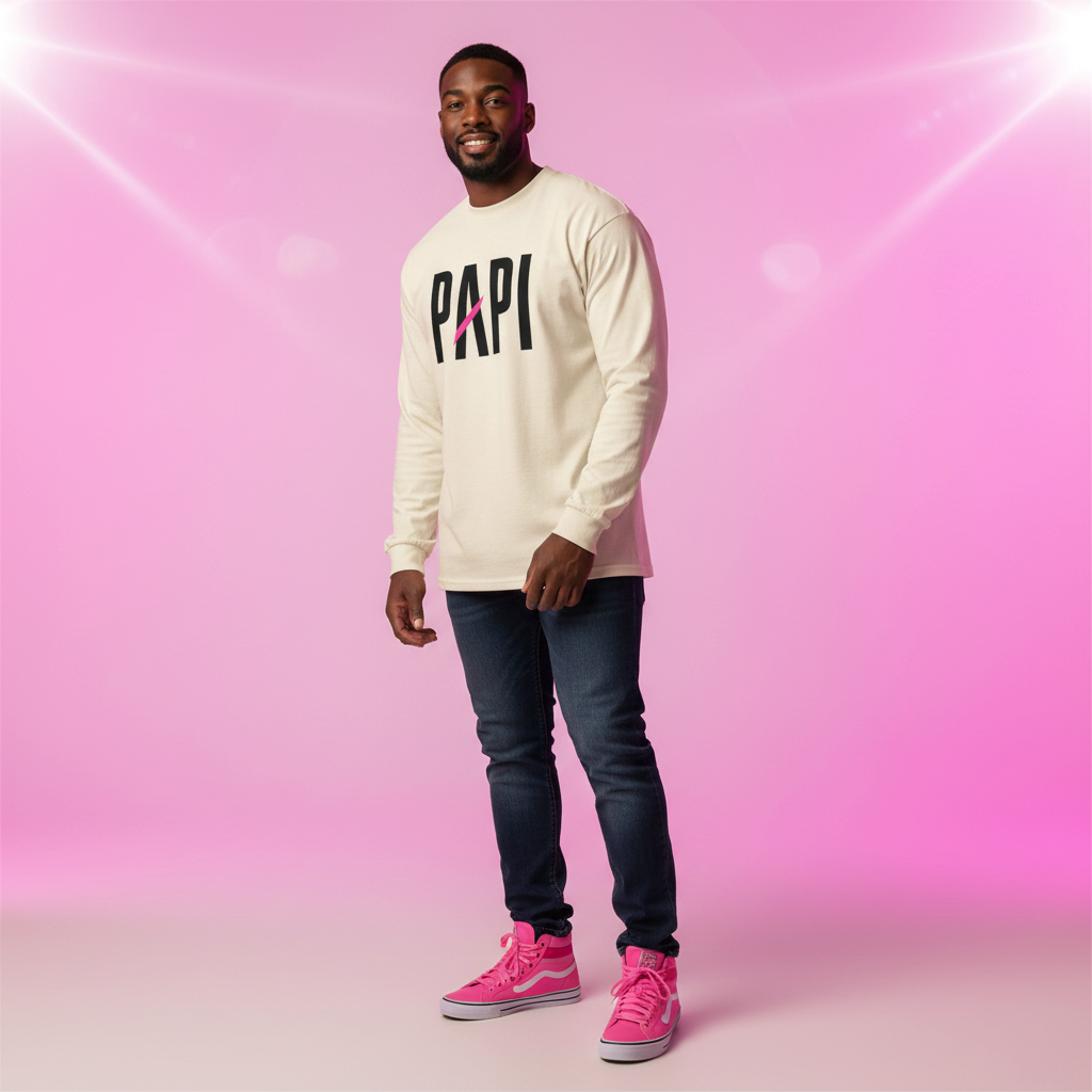 Flaunt It unisex heavyweight long sleeve shirt in off-white with PAPI graphic print, worn by a smiling man.