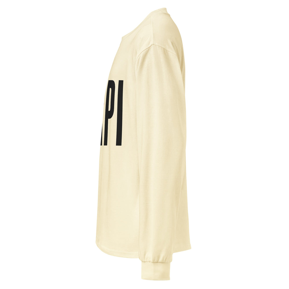 Flaunt It Papi heavyweight long sleeve shirt in cream cotton with black graphic text, side view.