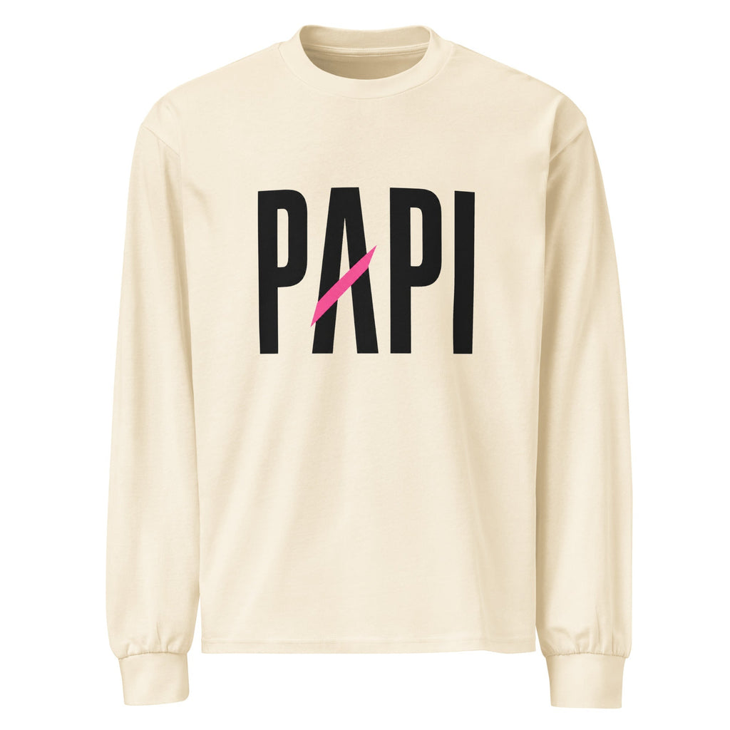 Flaunt It unisex heavyweight long sleeve shirt in cream cotton with black PAPI text and a pink slash graphic
