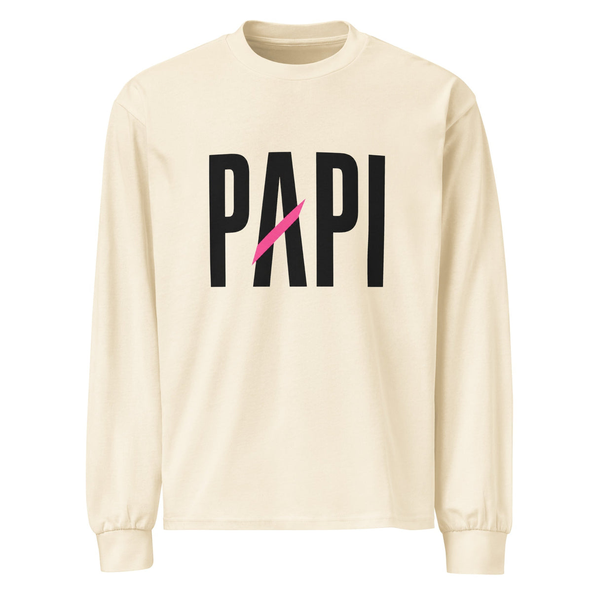 Flaunt It unisex heavyweight long sleeve shirt in cream cotton with black PAPI text and a pink slash graphic