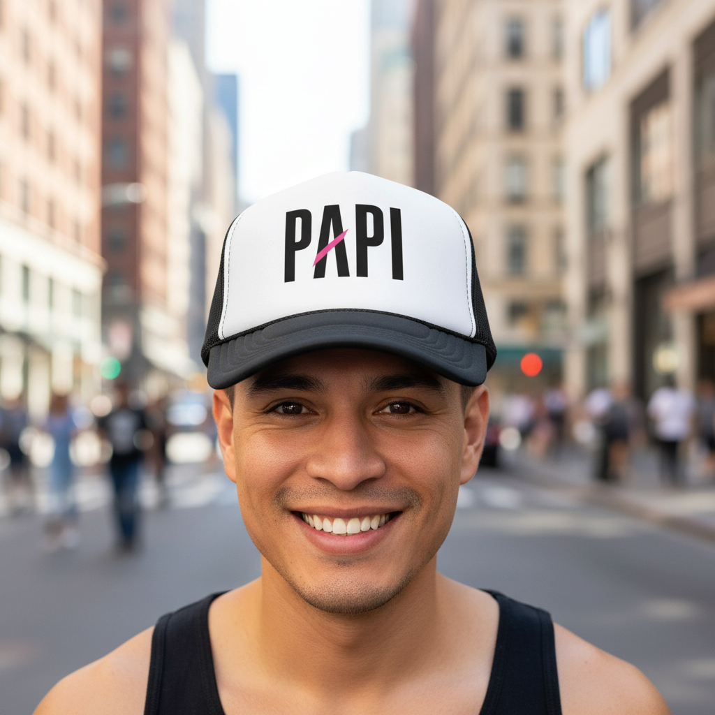 Flaunt It Papi trucker hat in black and white with a foam front panel and pink slash detail worn by a smiling man.