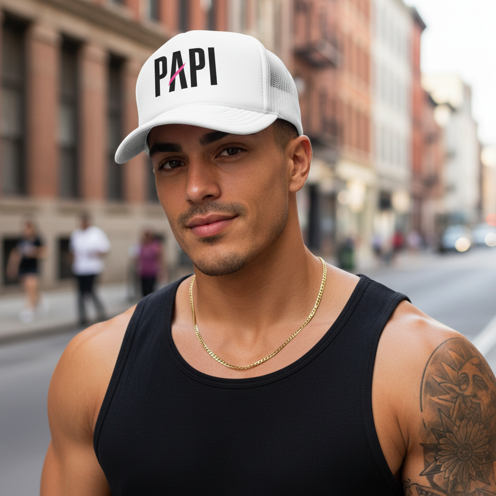 Flaunt It Papi premium foam trucker hat in white with black text and pink slash worn by a man in a city street