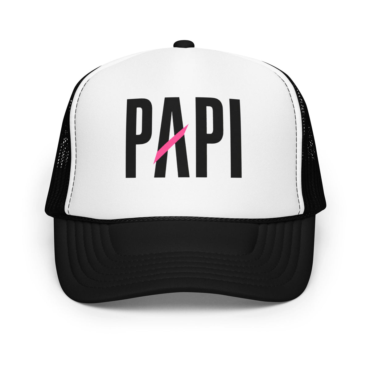 Flaunt It Papi premium foam trucker hat in black and white with a pink slash detail on the front panel