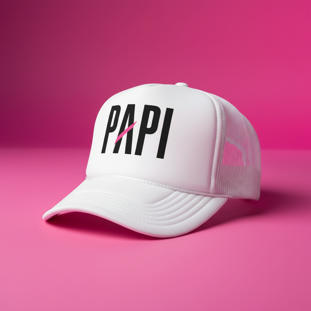Flaunt It Papi unisex foam trucker hat in white with black text and a pink slash on a pink background.