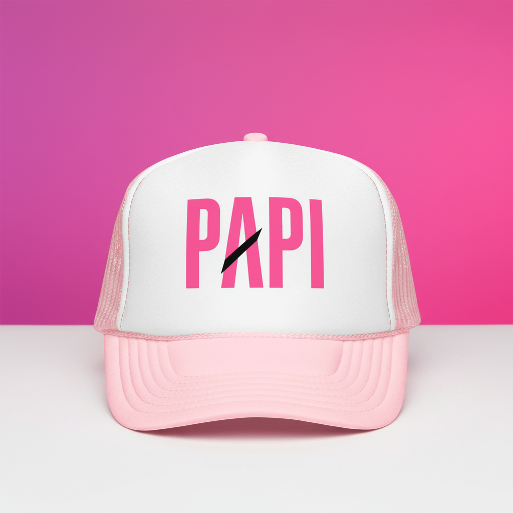 Flaunt It Papi premium unisex foam trucker hat in pink and white with a bold PAPI graphic and black slash detail.