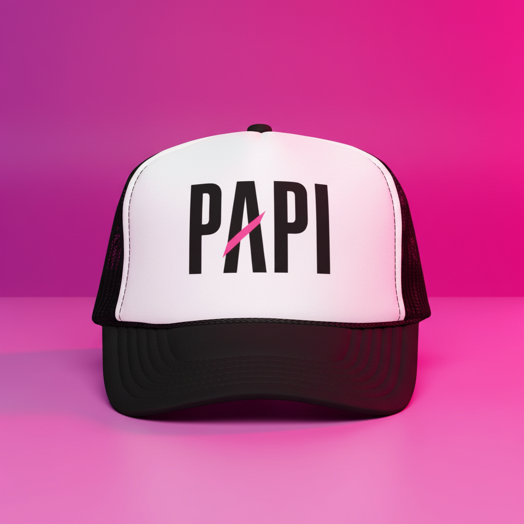 Flaunt It Papi premium foam trucker hat in black and white with a pink slash detail on a vibrant pink background.