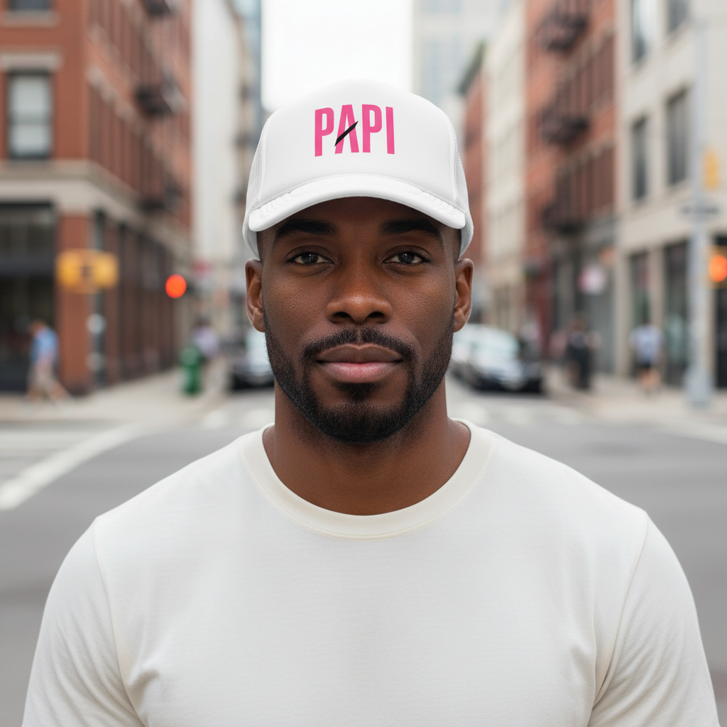Flaunt It Papi unisex foam trucker hat in white with pink text worn by a man on a city street.