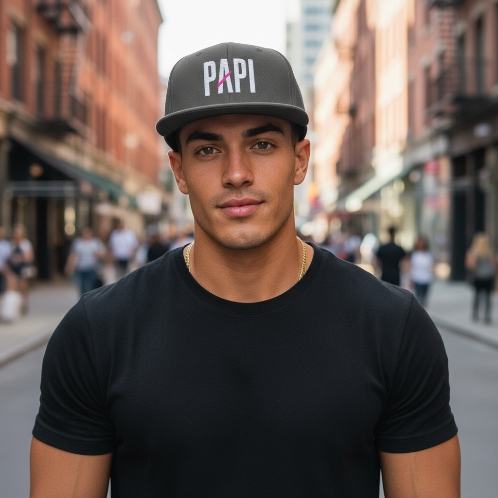 Flaunt It Papi snapback hat in grey with white embroidery and a pink slash detail worn by a man on a city street.