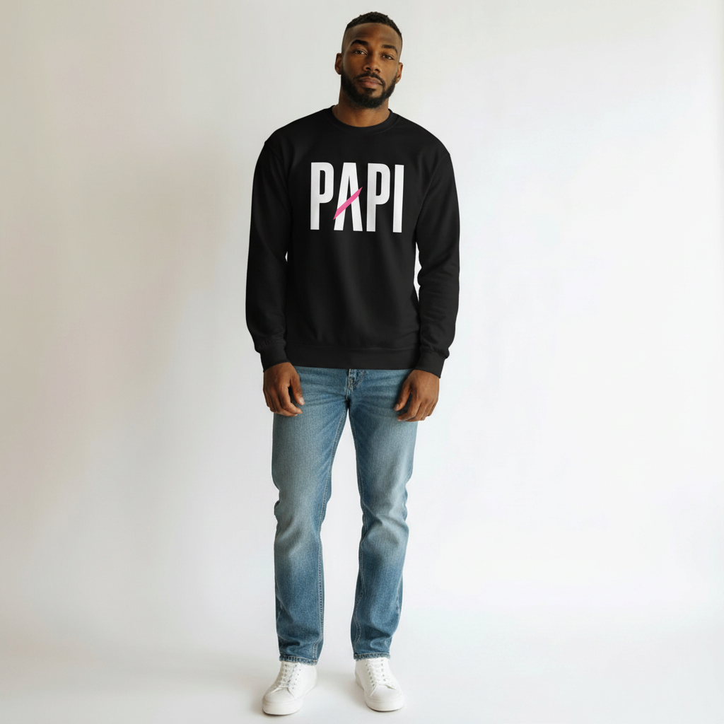 Flaunt It unisex heavyweight black long sleeve shirt with white PAPI text and a pink slash graphic on a male model.