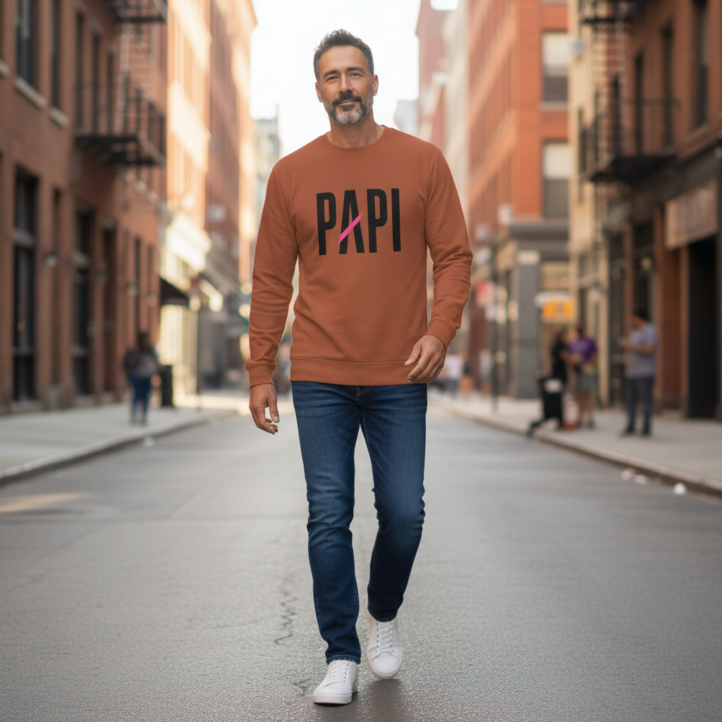 Flaunt It unisex heavyweight long sleeve shirt in rust orange with PAPI graphic and pink slash, worn by a man.