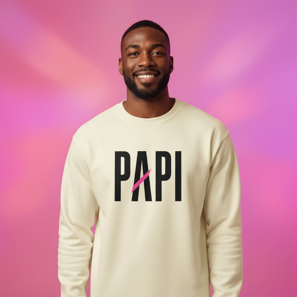 Flaunt It unisex heavyweight cotton long sleeve shirt in cream with PAPI graphic print and pink slash detail.