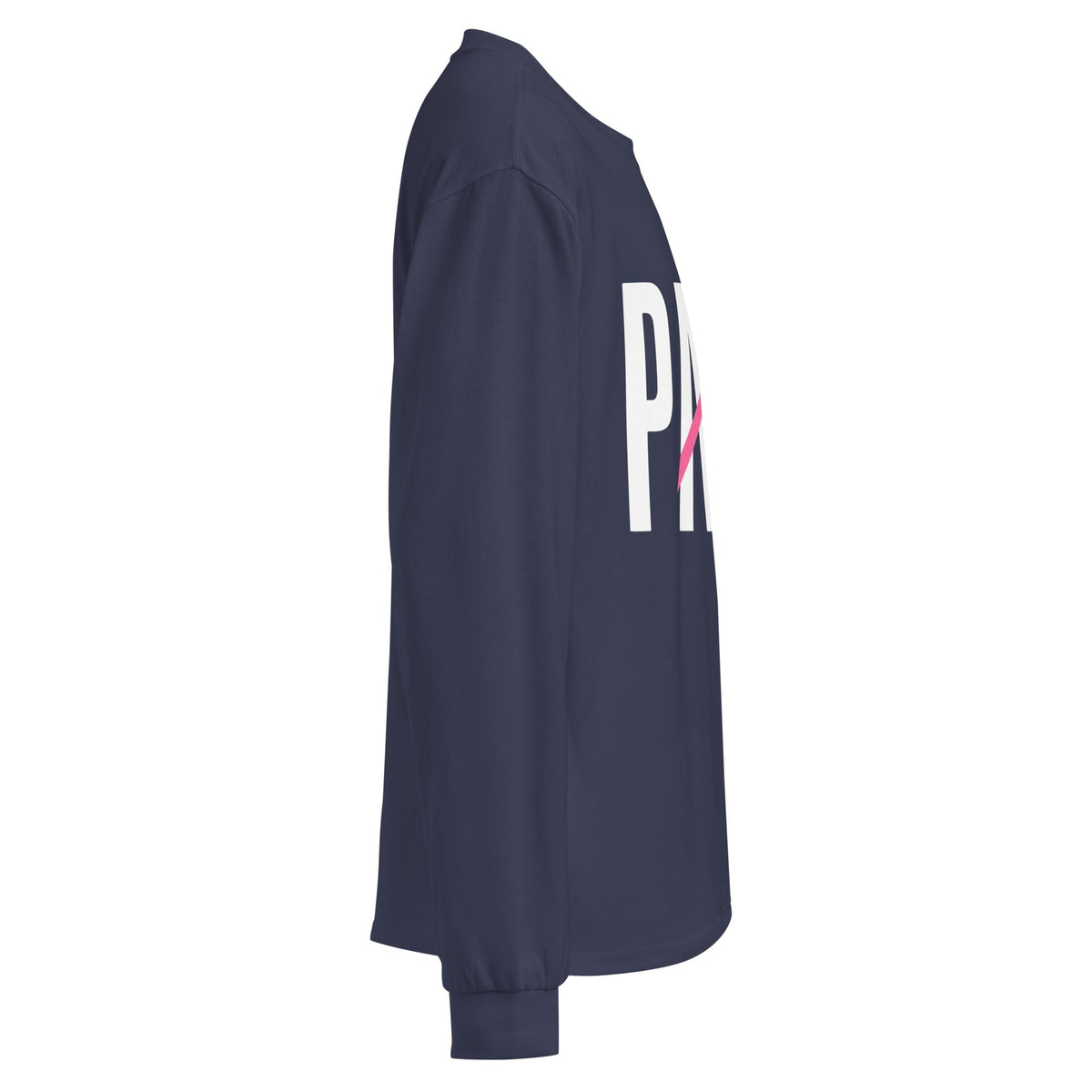 Flaunt It unisex heavyweight long sleeve shirt in navy with white PAPI text and a pink slash graphic, side view.