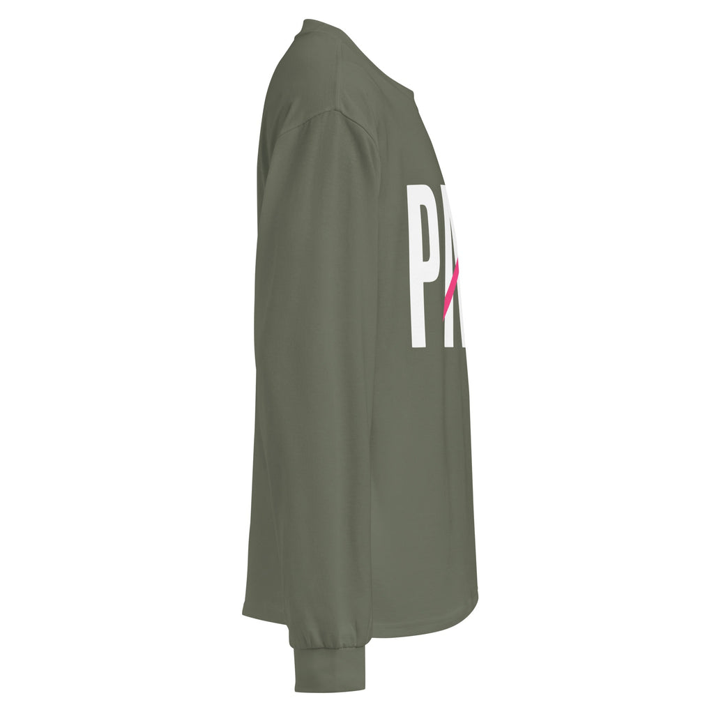 Flaunt It Papi heavyweight long sleeve shirt in olive green with white text and pink slash detail, side view.