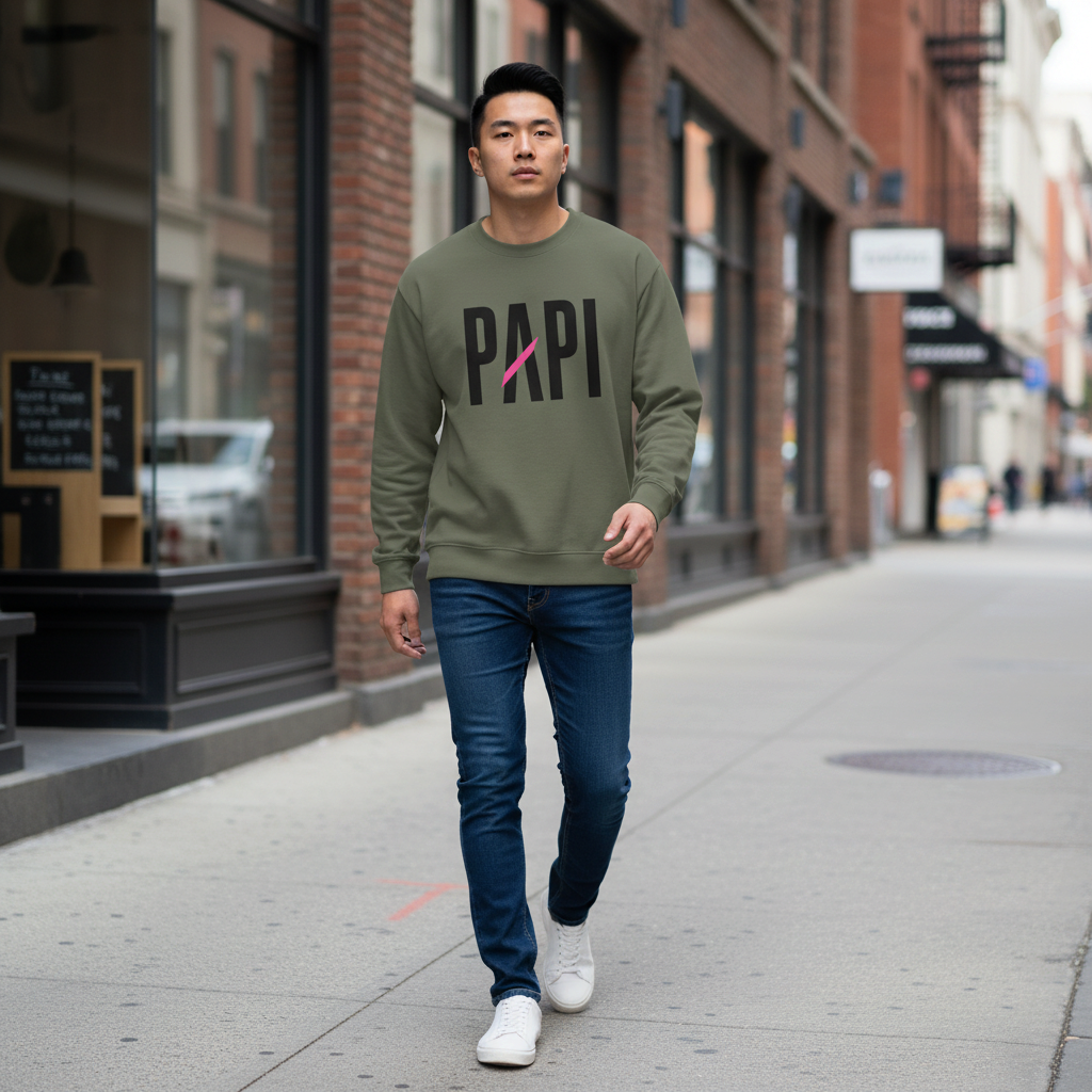 Flaunt It Papi heavyweight long sleeve shirt in olive green with pink slash graphic, worn by a man on a city street.