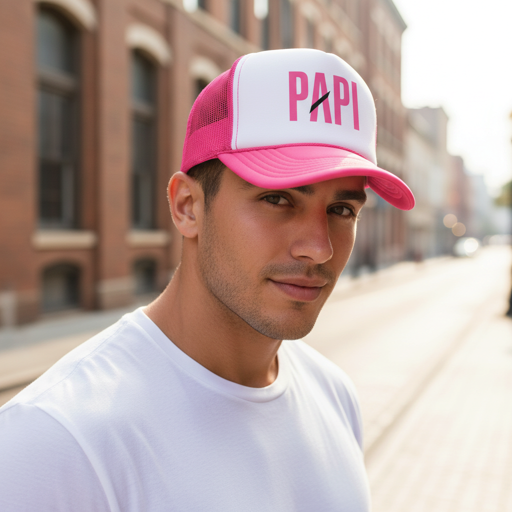 Flaunt It Papi premium unisex foam trucker hat in pink and white with a structured front panel worn by a man.