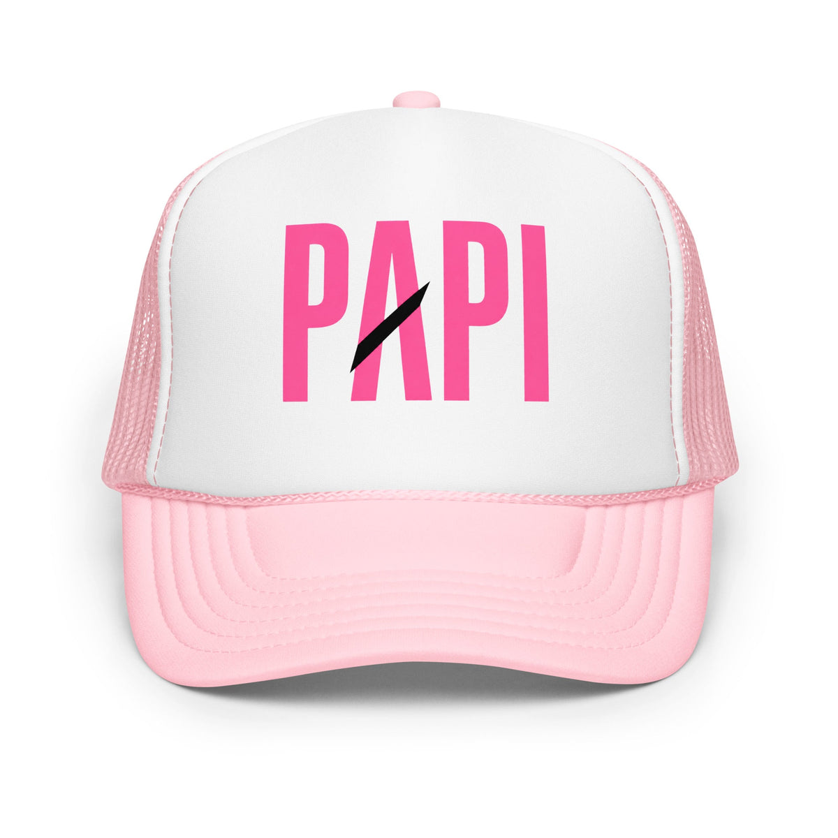 Flaunt It Papi foam trucker hat in light pink with white front panel and bold pink PAPI text graphic