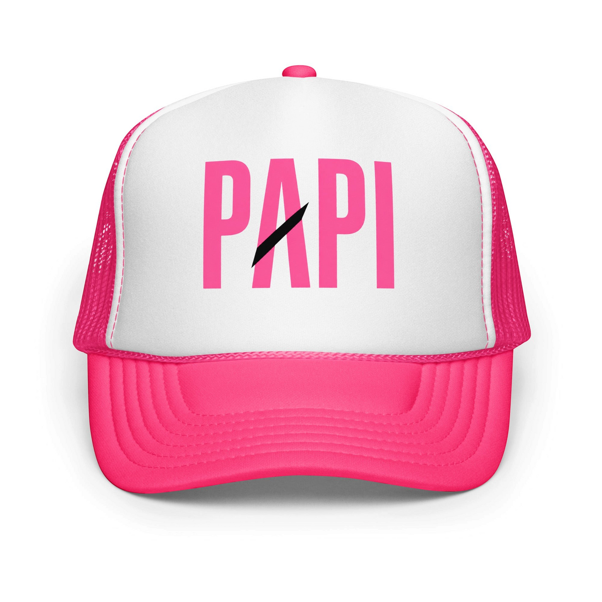 Flaunt It Papi unisex foam trucker hat in pink and white with a bold PAPI graphic print on the front panel