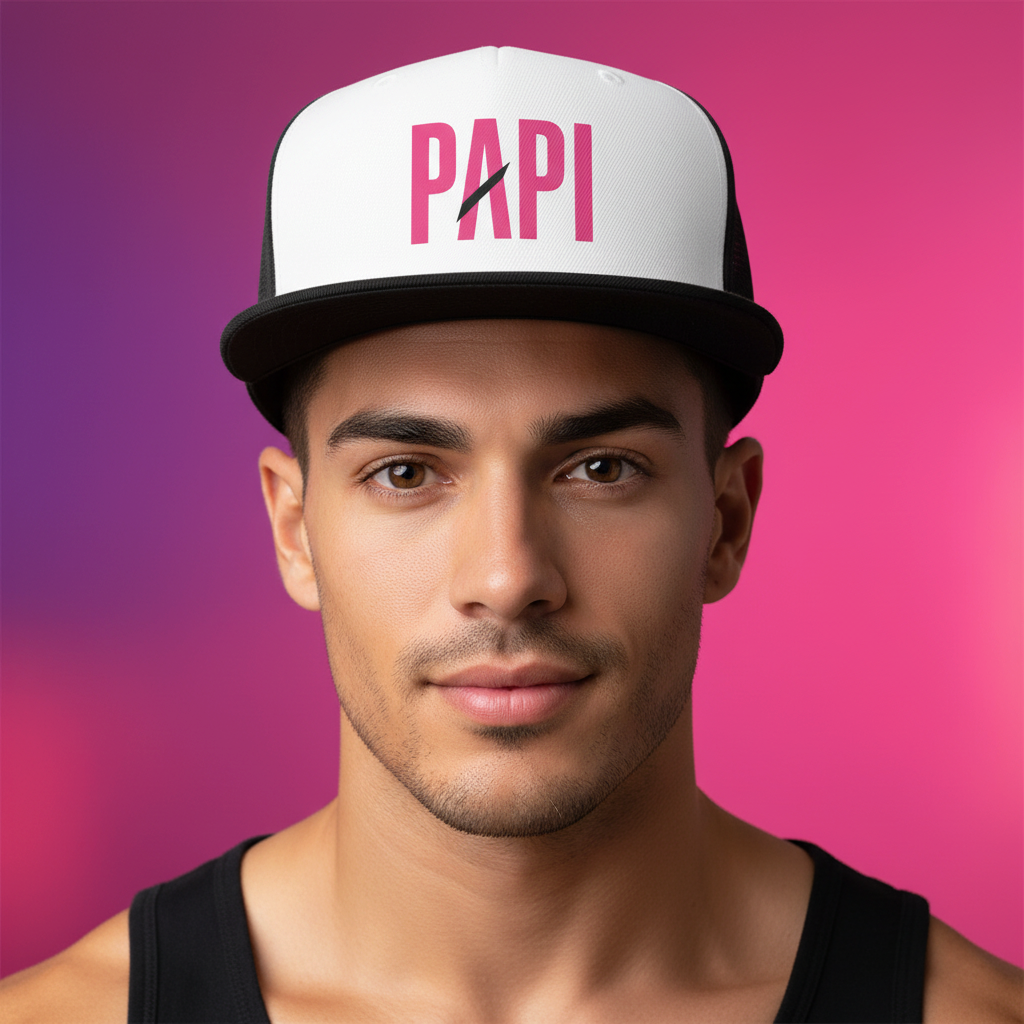 Flaunt It unisex snapback hat with white front panel, black brim, and pink PAPI embroidery on a man
