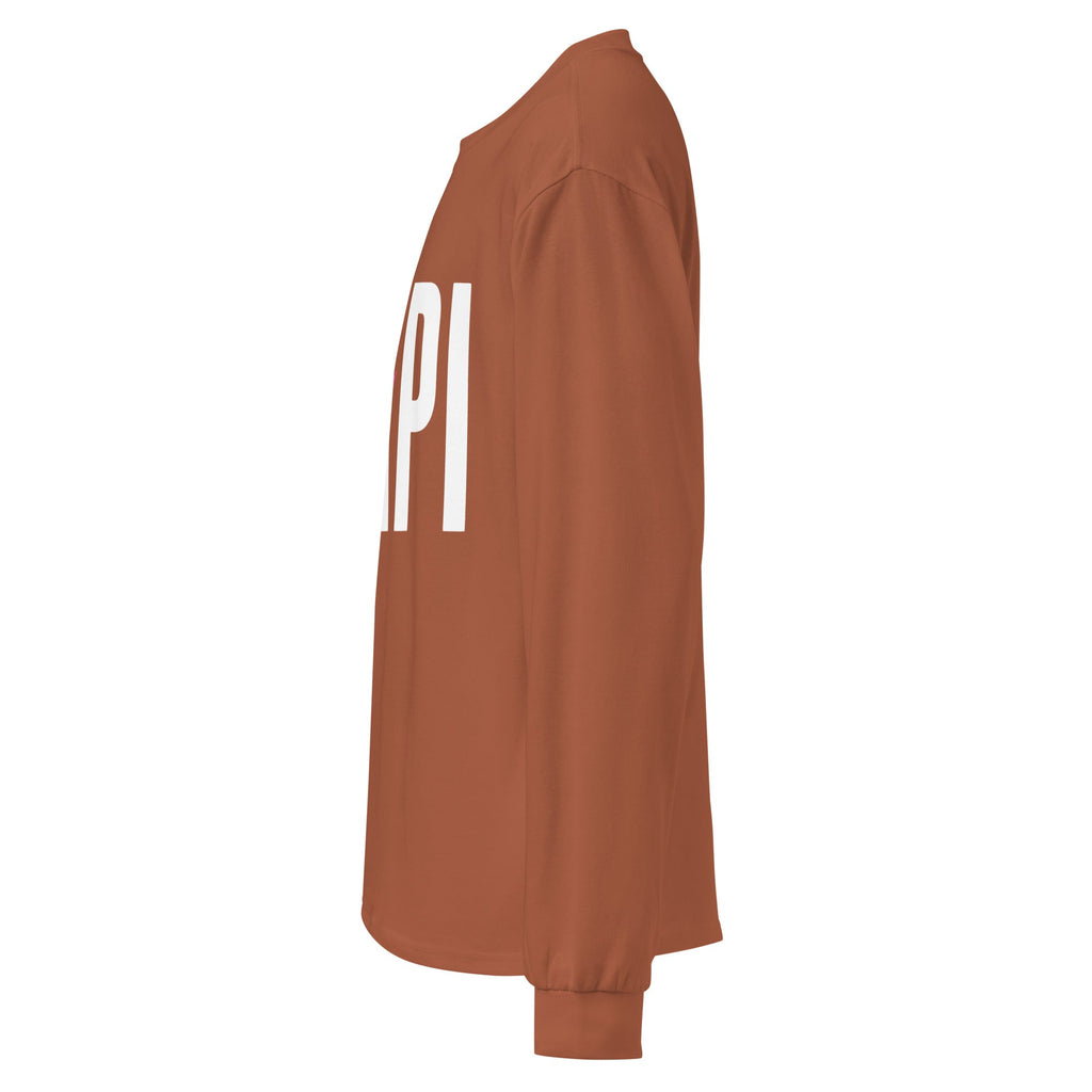 Flaunt It Papi unisex heavyweight long sleeve shirt in rust brown with white PAPI text print, side view.