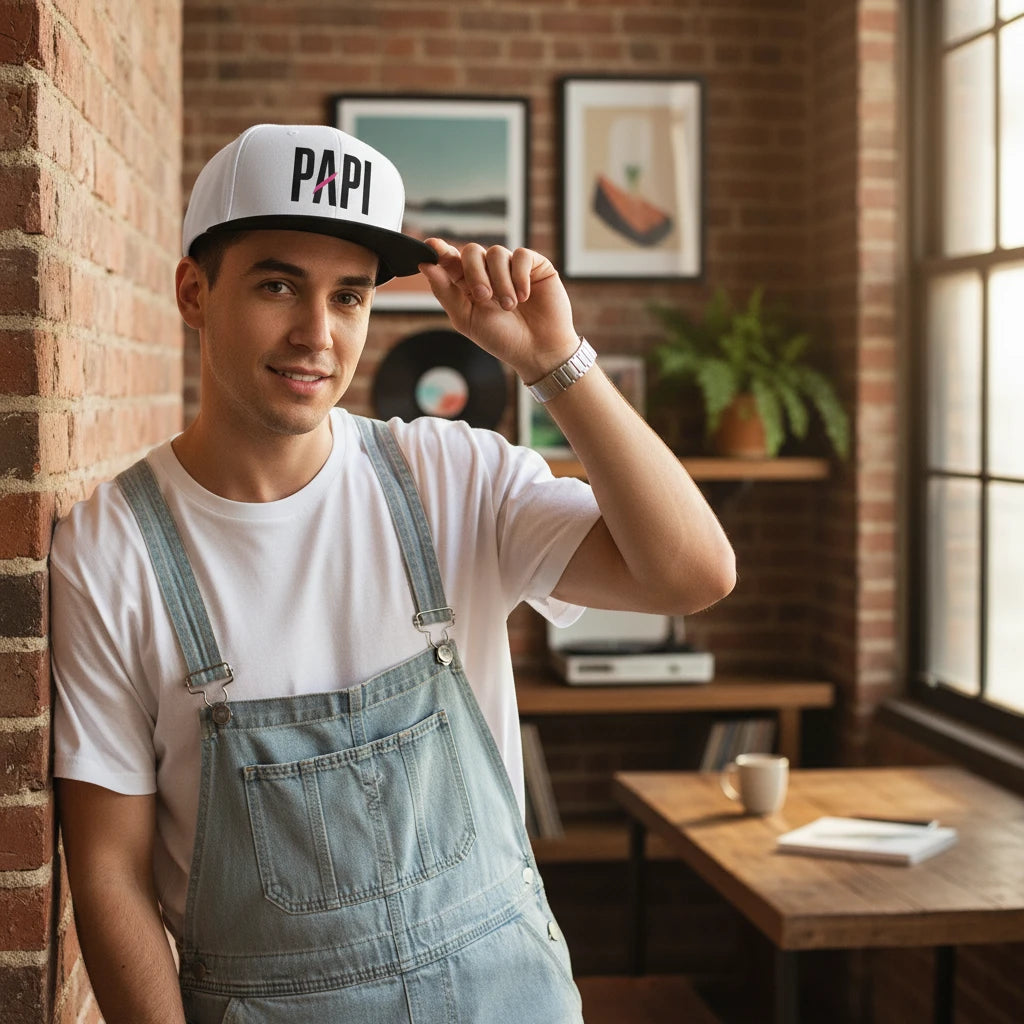 Flaunt It unisex white snapback hat with black PAPI embroidery worn by a man in a brick-walled room