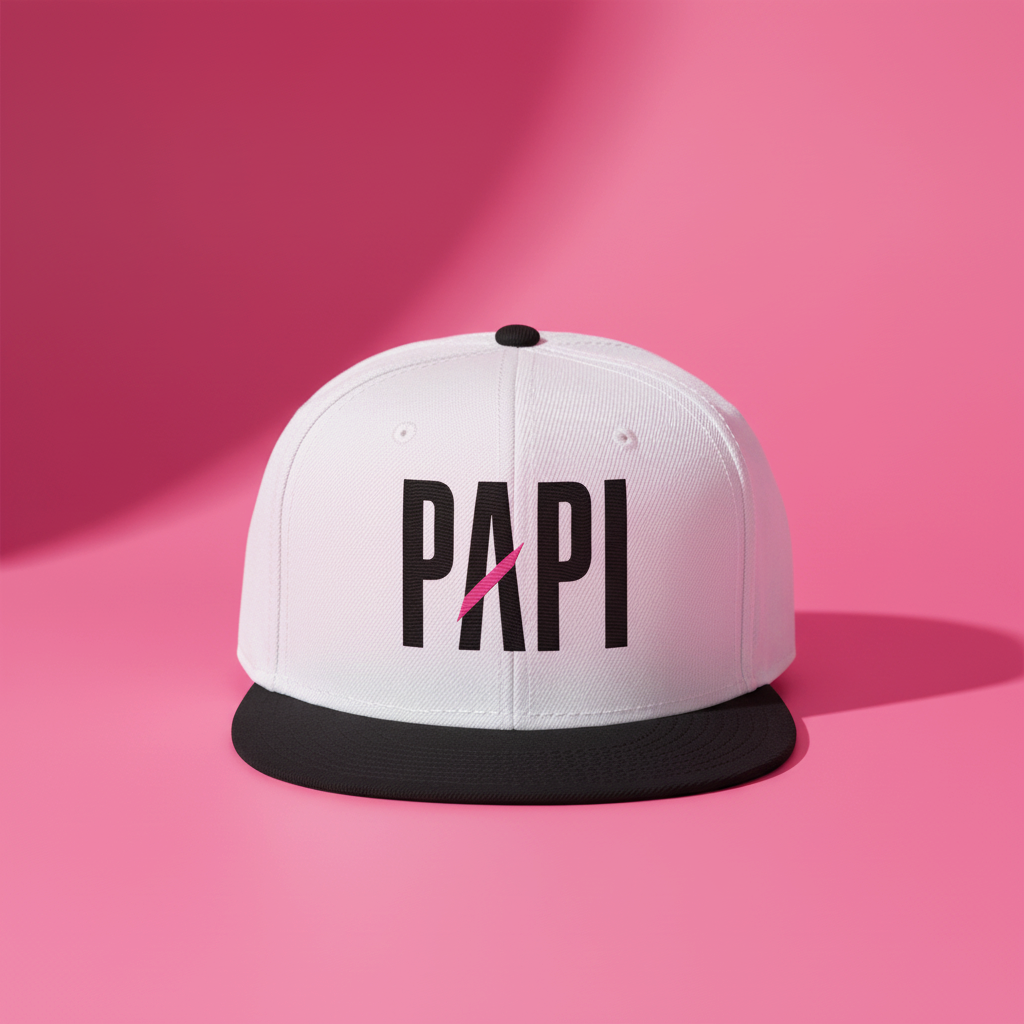 Flaunt It Papi premium snapback hat in white with a black brim and bold black embroidered PAPI text with a pink slash.