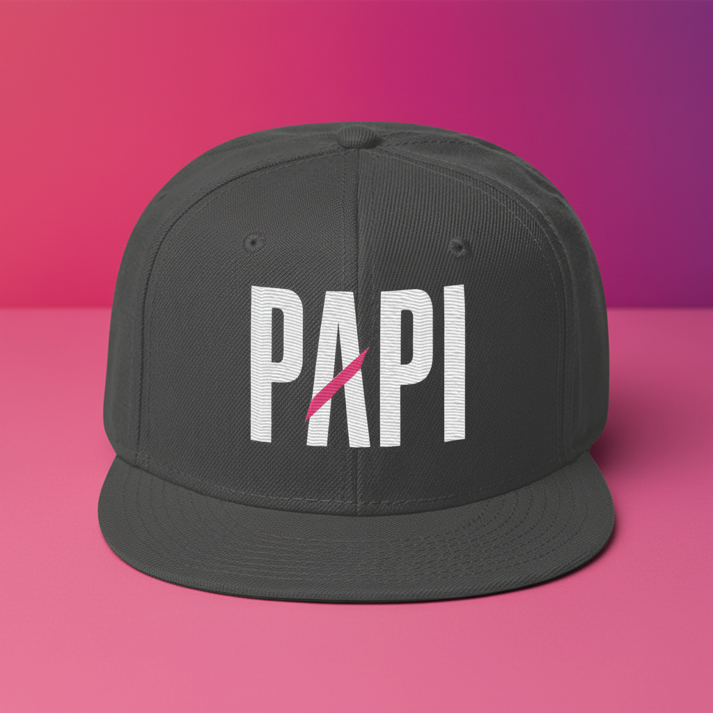 Flaunt It Papi snapback hat in charcoal grey with white embroidery and a signature pink slash on a pink background.