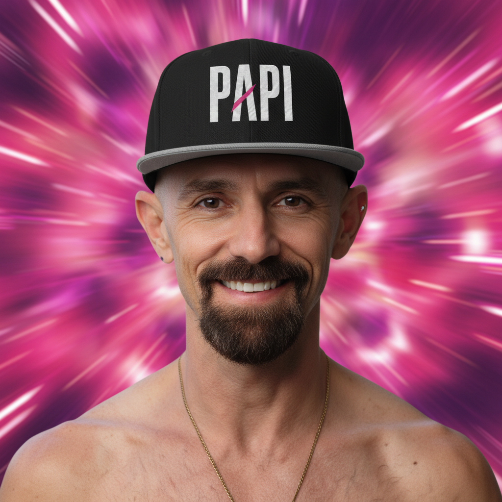 Flaunt It Papi snapback hat in black with white embroidery and pink slash detail worn by a smiling man